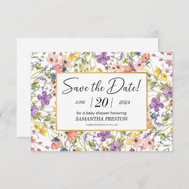 Save The Date Baby shower Meadow Fleur sauvage été (Devant / Derrière)