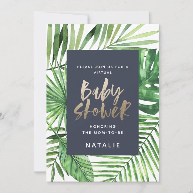 Save The Date Baby shower virtuel Tropical palm gold script (Devant)