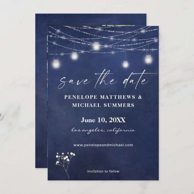 Save The Date Baby's Breath Blue Chalkboard Photo Save Date (Devant / Derrière)