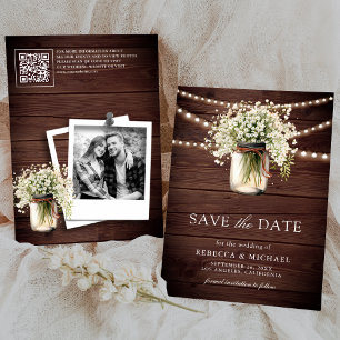 Save The Date Baby's Breath Pot Mason en Bois Code QR Mariage Ph