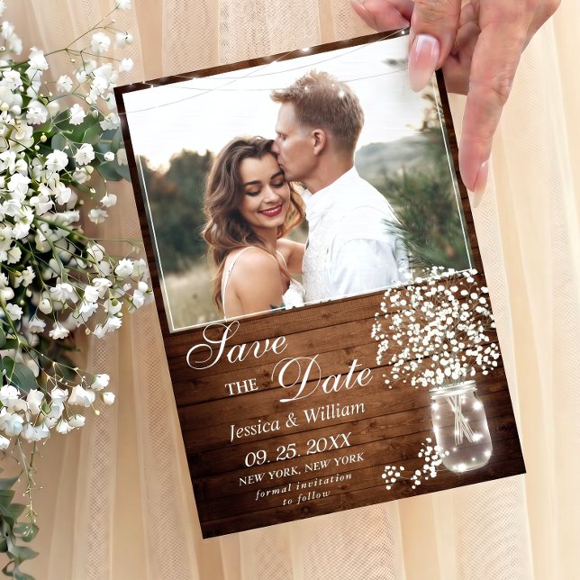 Save The Date Baby's Breath Pot Mason Rustique Photo Mariage (Créateur téléchargé)