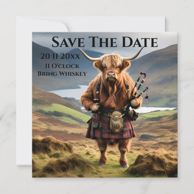 Save The Date Bagpiper de vache écossaise Highland (Devant)