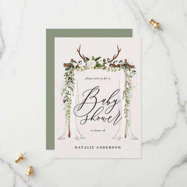 Save The Date Bague botanique rustique baby shower neutre genre (Devant/Arrière en situation)