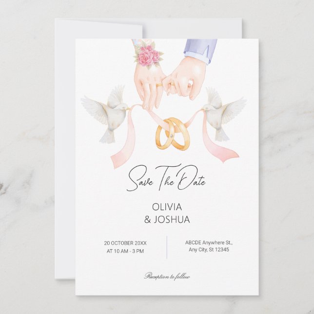 Save The Date Bague de couple avec oiseaux élégante et douce pou (Devant)