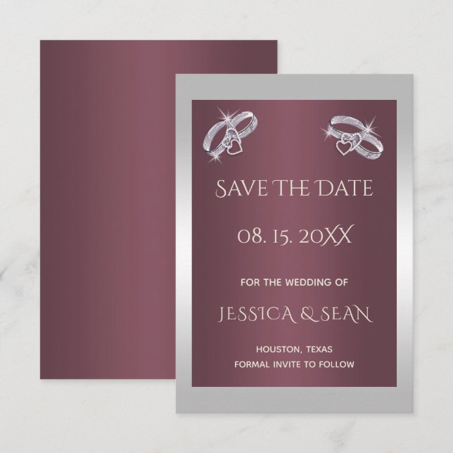 Save The Date Bagues en argent mousseux & Burgandy (Devant / Derrière)