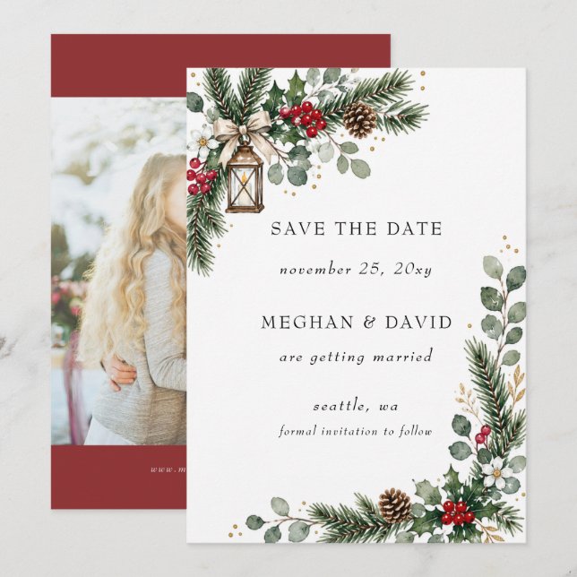 Save The Date Baies de pin rustiques Noël d'hiver Photo (Devant / Derrière)