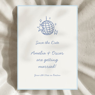 Save The Date Balle disco bleue gribouillage écriture simple et
