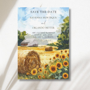 Save The Date Balles de Foin de Tournesol Maison en Bois Mariage