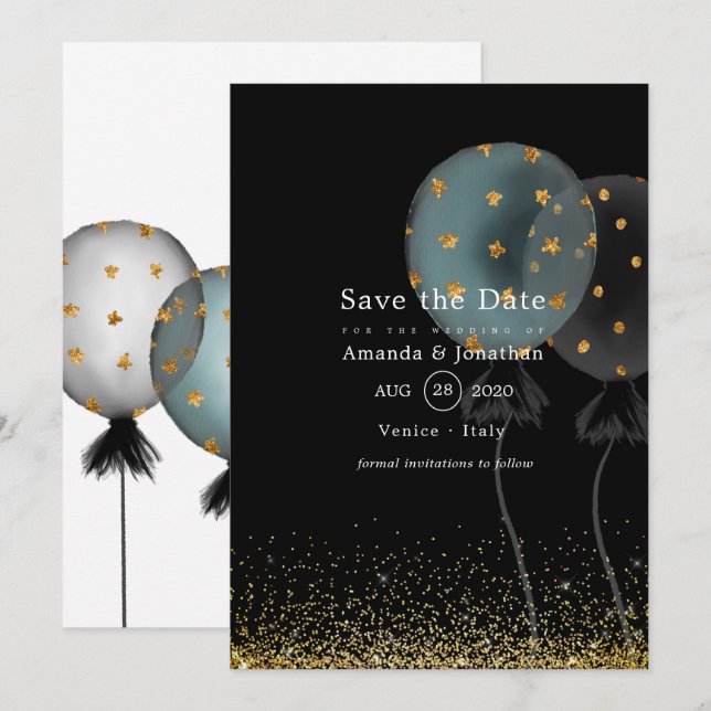 Save The Date Ballon de mariage pailleté noir et or (Devant / Derrière)