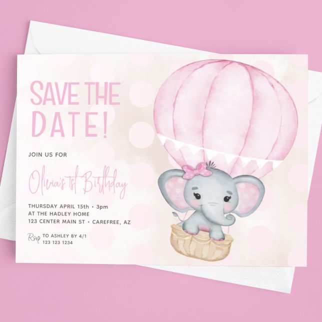 Save The Date Ballon éléphant rose mignon pour 1er anniversaire (Créateur téléchargé)