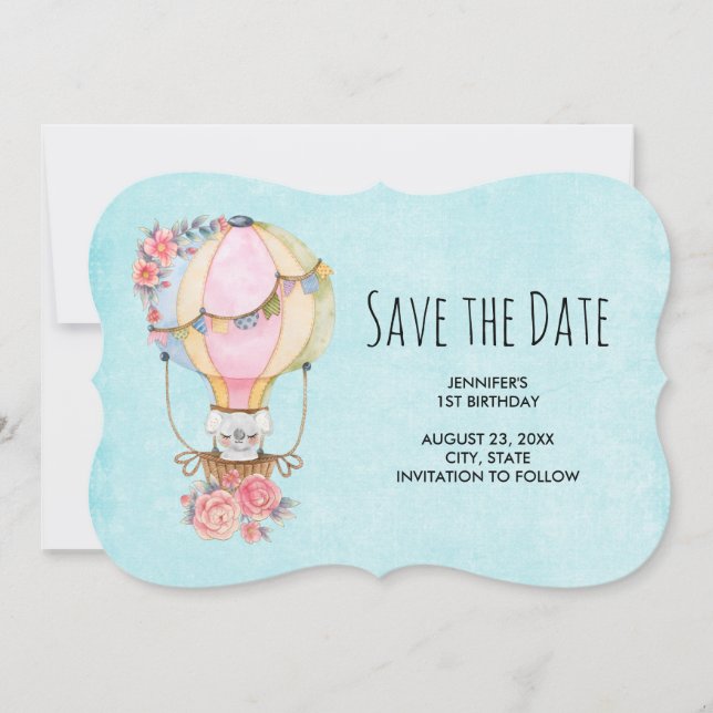 Save The Date Ballons à air chaud mignon avec Aquarelle d'ours A (Devant)