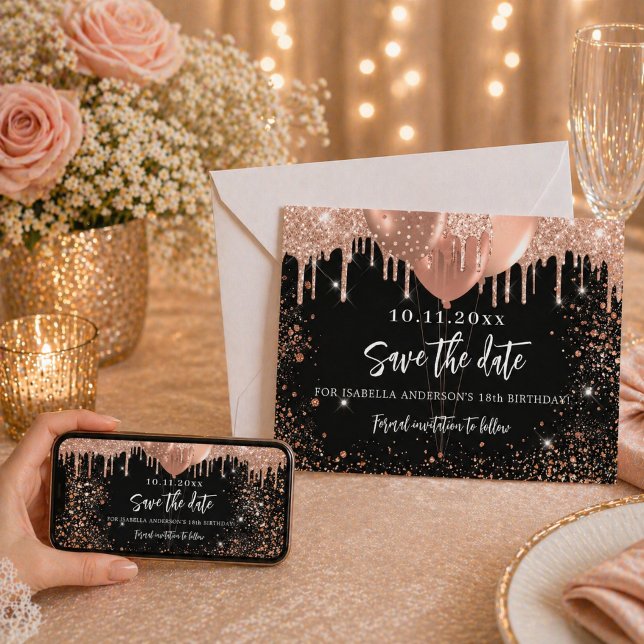 Save The Date Ballons anniversaire rose gold noir fête (Créateur téléchargé)
