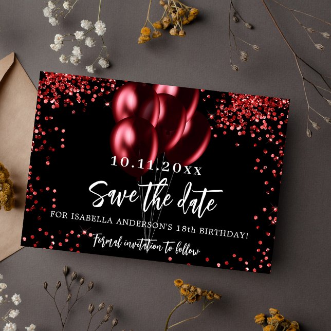 Save The Date Ballons rouges noirs confetti fête d'anniversaire (Créateur téléchargé)