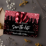 Save The Date Ballons rouges noirs parties scintillant fête d'an<br><div class="desc">Une fille et tendance Enregistrer la date pour une fête d'anniversaire de 18e (ou tout âge). Un arrière - plan noir décoré de faux parties scintillant rouge et de ballons. Personnalisez et ajoutez une date et un nom/âge. Le texte : Save the Date est écrit avec un grand script de...</div>