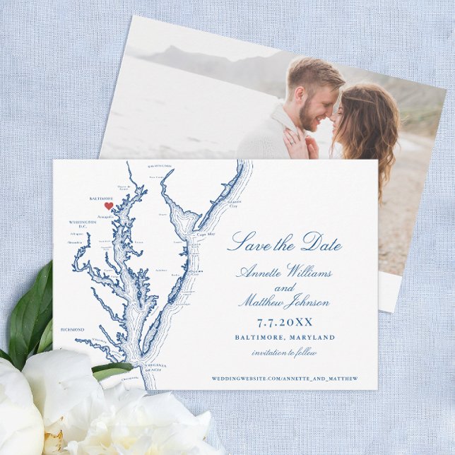 Save The Date Baltimore Maryland Mariage Elegant Marine Blue Map (Baltimore Maryland Map Save the Date for an Elegant Navy Blue Chesapeake Bay Wedding)