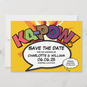 Save The Date Bande dessinée de mariage moderne Kapow Date d'enr
