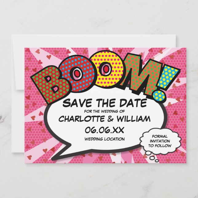 Save The Date Bande dessinée de plaisir moderne BOOM Cœurs roses (Devant)