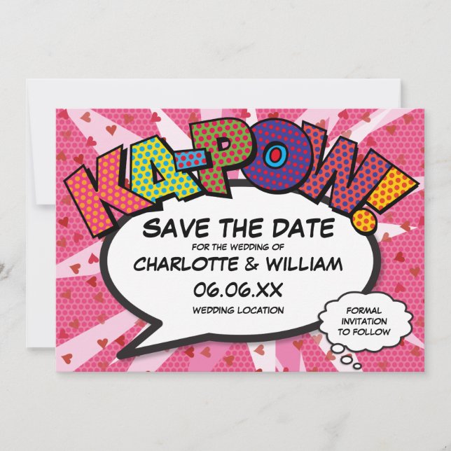 Save The Date Bande dessinée de plaisir moderne KAPOW coeurs ros (Devant)