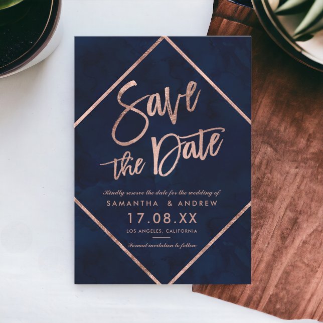 Save The Date Bandes d'or rose bleu marine mariage enregistrer l (Rose gold stripes navy blue wedding save the date)