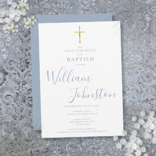 Save The Date Baptême élégant Christening Croix Dorée Bleu Pouss