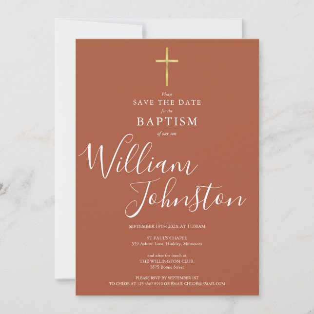 Save The Date Baptême élégant Christening Gold Cross Terracotta (Devant)