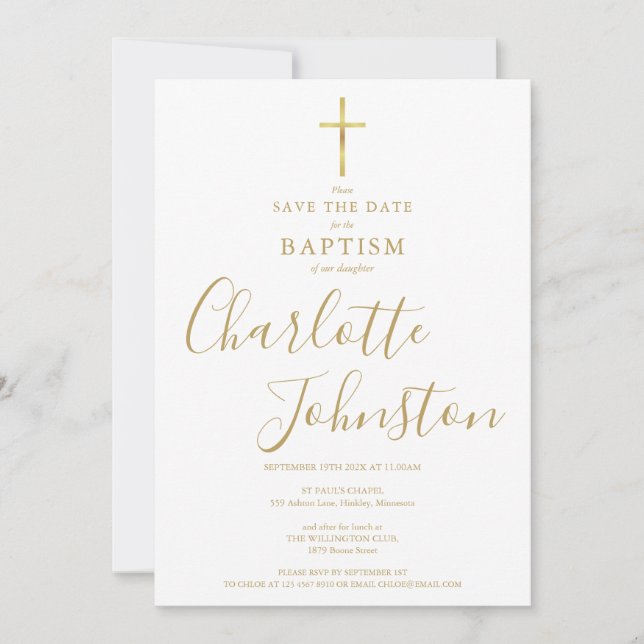 Save The Date Baptême Élégant Christening Gold Signature (Devant)