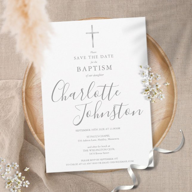 Save The Date Baptême élégant Christening Signature Argent (Créateur téléchargé)