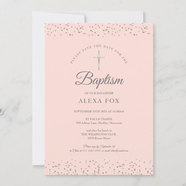 Save The Date Baptême Poussière d'Étoile Argentée Rose Pâle (Devant)