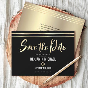 Save The Date Bar Mitzvah Black Gold Foil Script Tallit Moderne