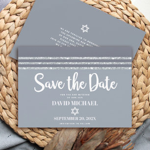 Save The Date Bar Mitzvah Gras Moderne Gris Talit Argent Script
