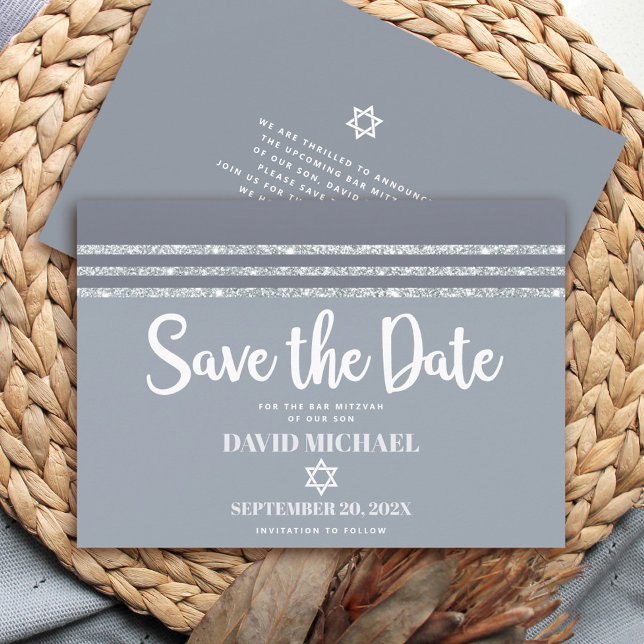 Save The Date Bar Mitzvah Gras Moderne Gris Talit Argent Script (Créateur téléchargé)