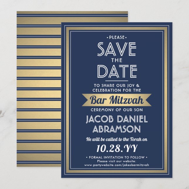 Save The Date Bar Mitzvah Modern Navy Bleu Blanc Faux Or (Devant / Derrière)