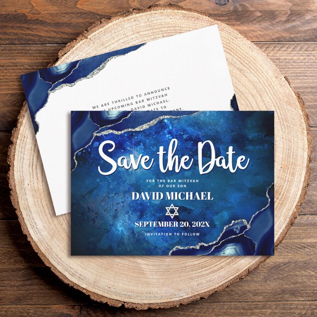 Save The Date Bar Mitzvah Moderne Agate Bleue Aquarelle Script (Créateur téléchargé)