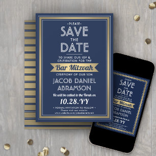 Save The Date Bar Mitzvah Moderne Bleu Nuit Blanc Faux Or