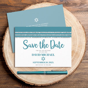 Save The Date Bar Mitzvah Moderne Gras Talit Argent Teal Écritur