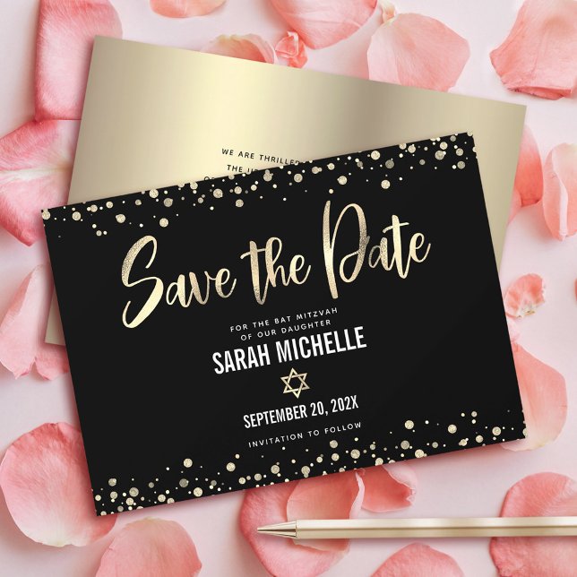 Save The Date Bar Mitzvah Moderne Noir Or Paillettes Script Gras (Créateur téléchargé)