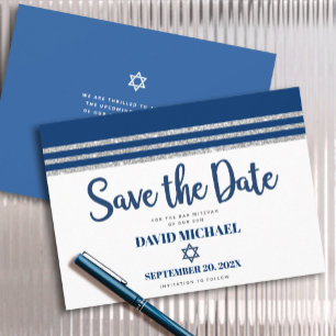 Save The Date Bar Mitzvah Moderne Tallit Bleu Marine Argent Écri