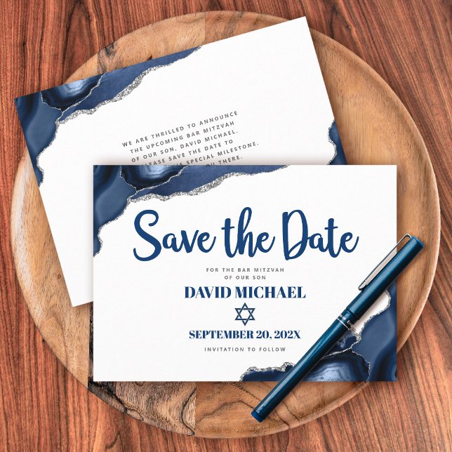 Save The Date Bar Mitzvah Simple Moderne Bleu Marine Agate Scrip (Créateur téléchargé)