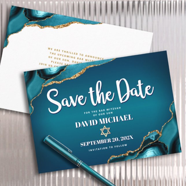 Save The Date Bar Mitzvah Turquoise Moderne Agate Ombrée Script (Créateur téléchargé)
