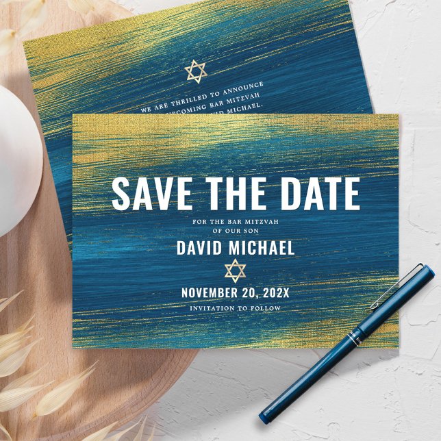 Save The Date Bar Mitzvah Typographie moderne Turquoise Gold Foi (Créateur téléchargé)