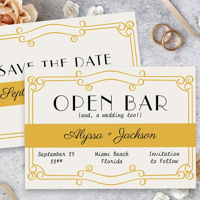 Save The Date Bar ouvert Art Déco ocre jaune et gris (Vintage Yellow Wedding Save the Date Card)
