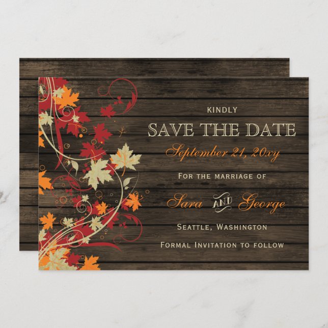 Save The Date Barn Wood Rustic Fall Leaves Mariage enregistrer l (Devant / Derrière)