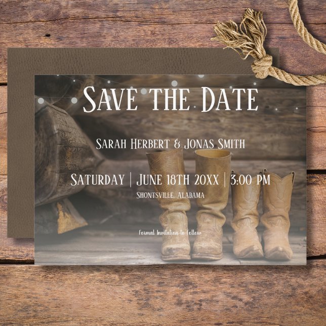 Save The Date Barne & Bottes Rustique Cowboy Mariage de l'Ouest (Rustic Boots for Two Cowboy Wedding Save The Date)