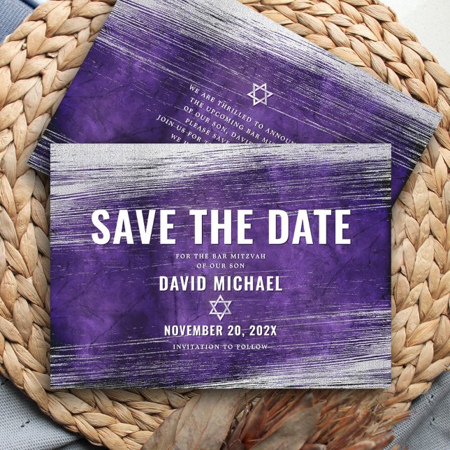 Save The Date Barre Mitzvah Moderne Aquarelle violet Silver (Créateur téléchargé)