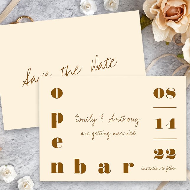 Save The Date Barre ouverte Typographie surdimensionnée Crème Vi (Open Bar Wedding Save the Date Card with handwritten wording)
