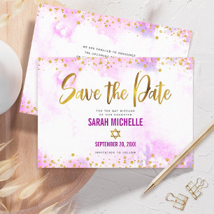Save The Date Bât Mitzvah Aquarelle Rose Écriture Dorée Chic Fém