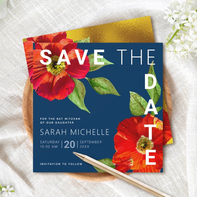 Save The Date Bat mitzvah bleu marine Carré d'aquarelle rouge Fl (Créateur téléchargé)