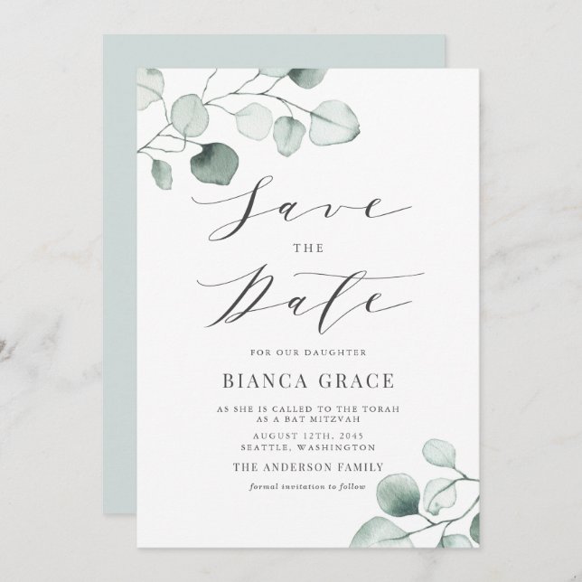 Save The Date Bat mitzvah Feuille Boho Dusty Blue Eucalyptus (Devant / Derrière)