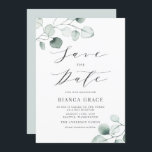 Save The Date Bat mitzvah Feuille Boho Dusty Blue Eucalyptus<br><div class="desc">Save the date! Faire-part votre événement avec ce personnalisable enregistrer l'annonce de date. L'invitation bat mitzvah de verdure présente des feuilles d'eucalyptus bleu poussiéreux à l'aquarelle avec un script fantaisiste. Personnalisez en ajoutant vos propres détails. Ce Bat mitzvah eucalyptus sauve la date est parfait pour toute saison et thème.</div>