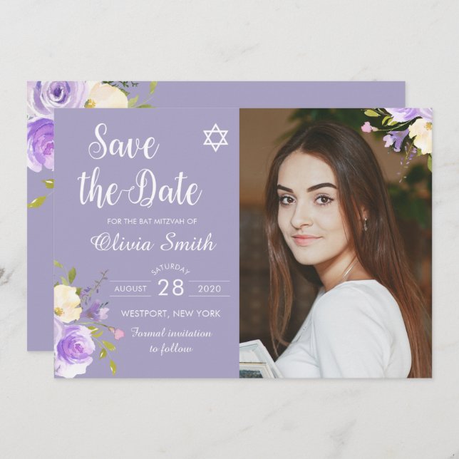 Save The Date Bat mitzvah Floral Violet Photo Enregistrer La Dat (Devant / Derrière)
